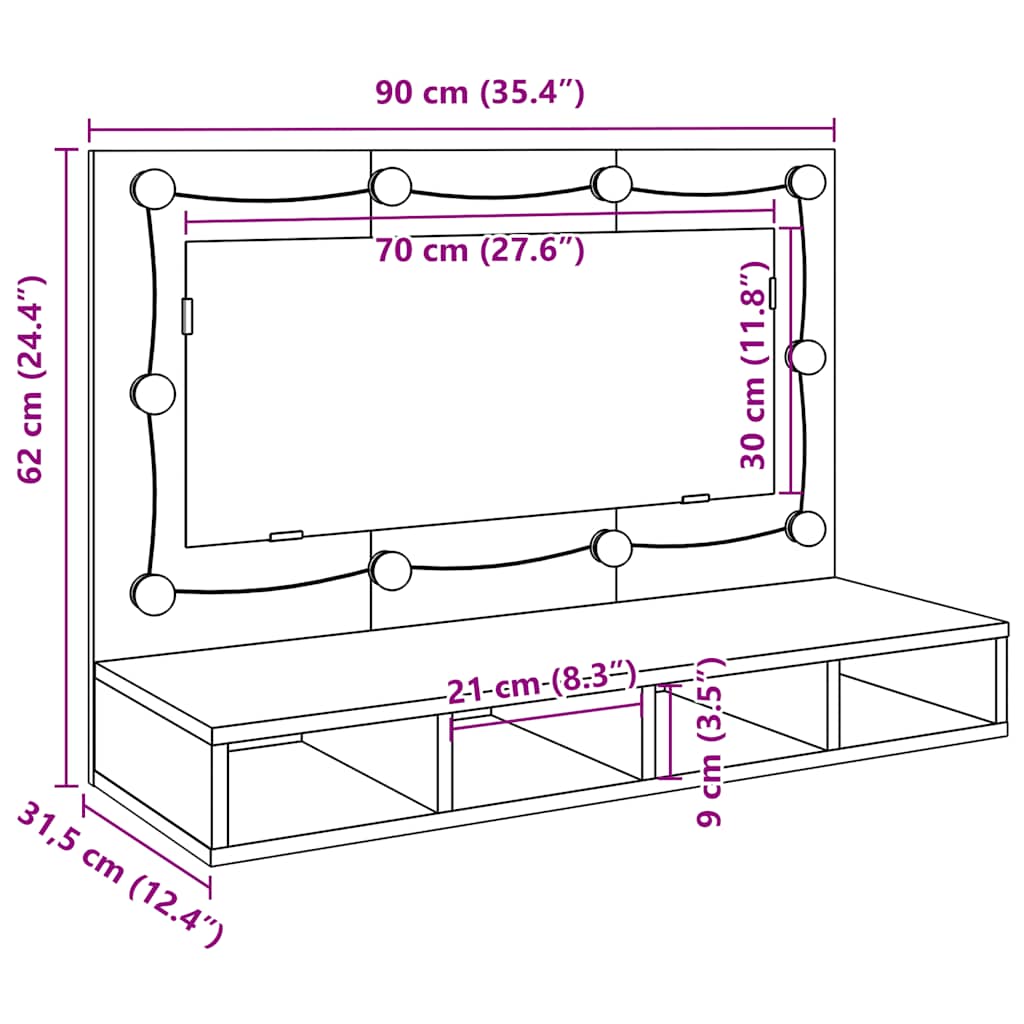 Armario con espejo y LED Roble Artesano 90x31,5x62 cm