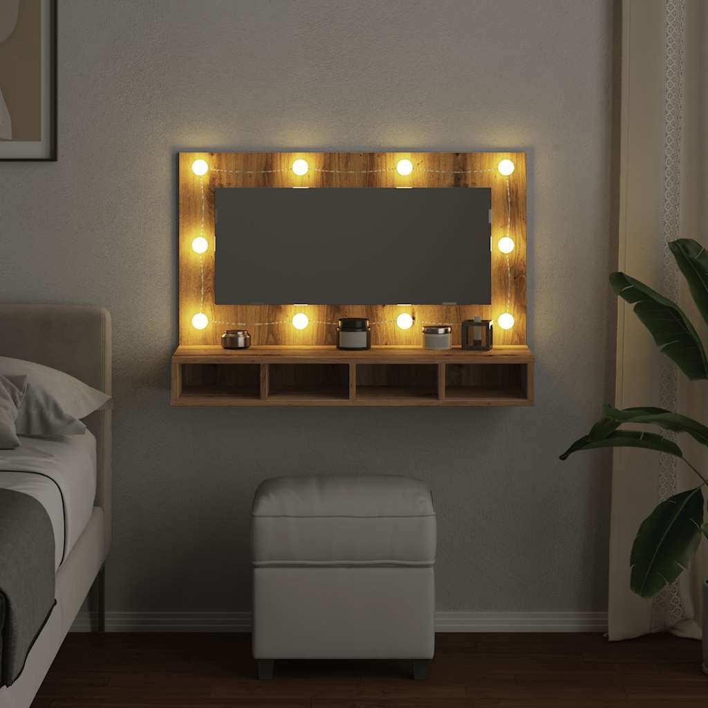 Armario con espejo y LED Roble Artesano 90x31,5x62 cm