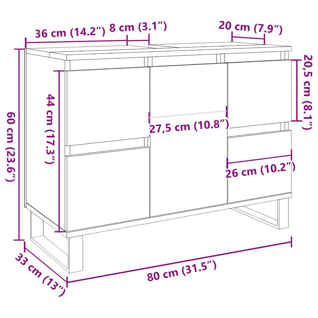 Mueble de lavabo madera de ingeniería envejecida 80x33x60 cm