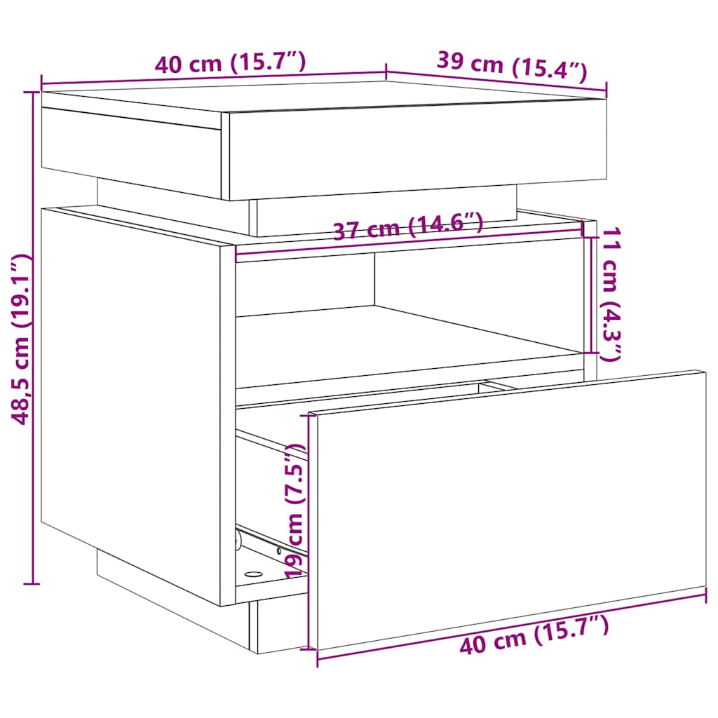 Mesita de noche luces LED 2 uds madera envejecida 40x39x48,5 cm