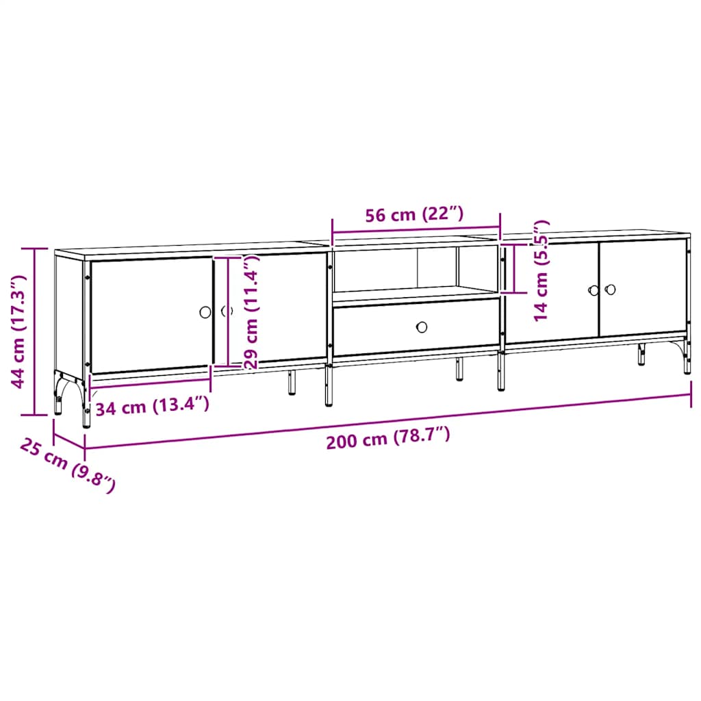 Mueble TV cajón madera ingeniería roble artesanal 200x25x44 cm