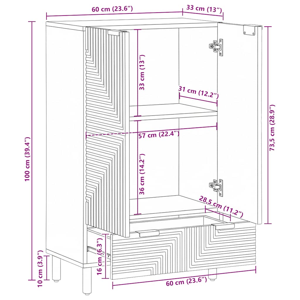 Aparador alto madera maciza de mango marrón 60x33x100 cm