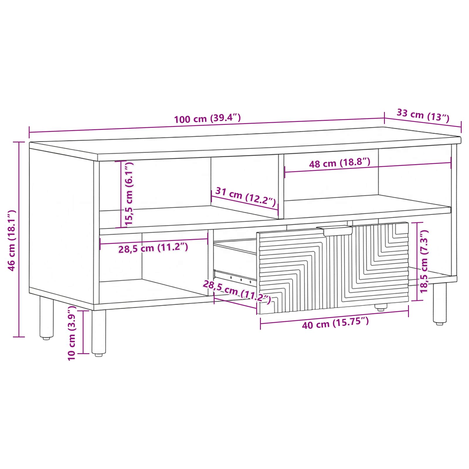 Mueble de TV Marrón 100 x 33 x 46 cm Madera de mango maciza