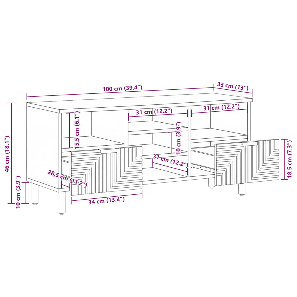 Mueble de TV Marrón 100 x 33,5 x 46 cm Madera de mango maciza