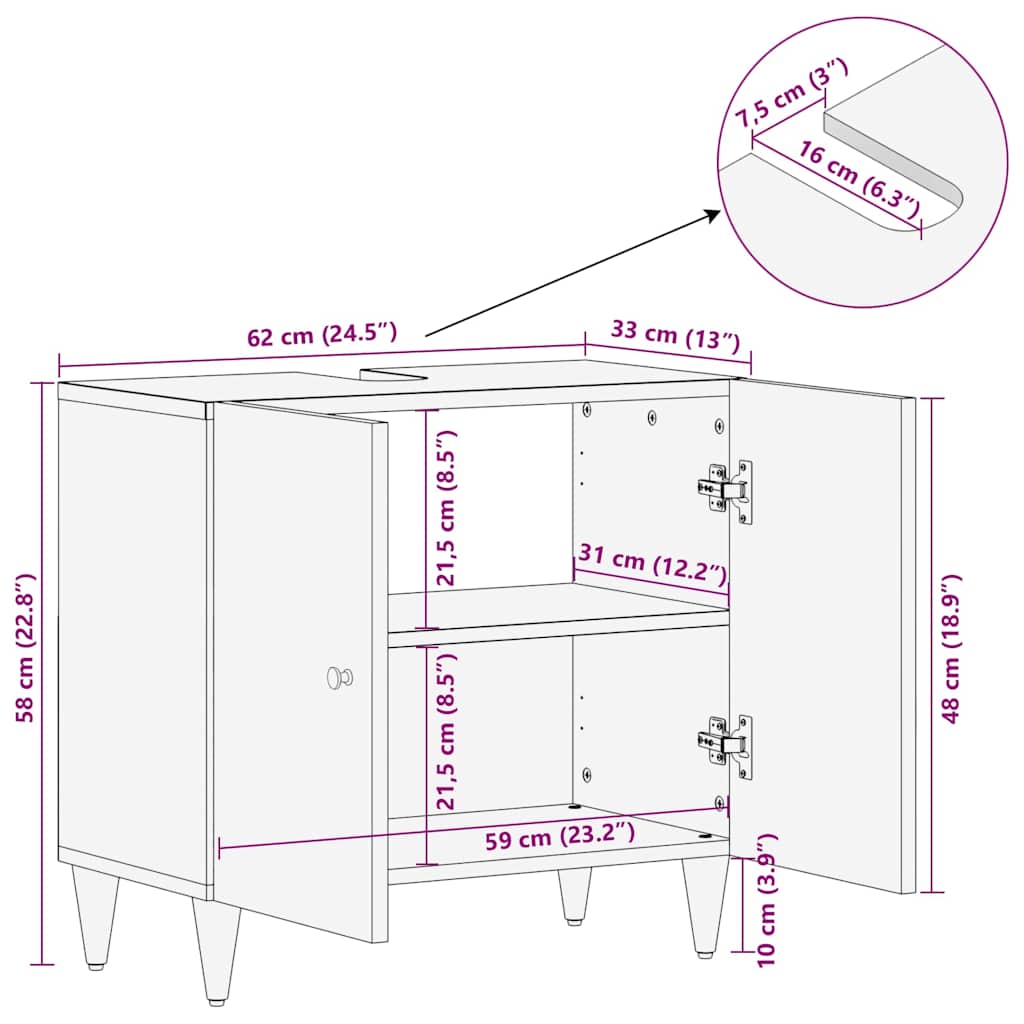 Armario de lavabo para baño madera maciza de mango 62x33x58 cm