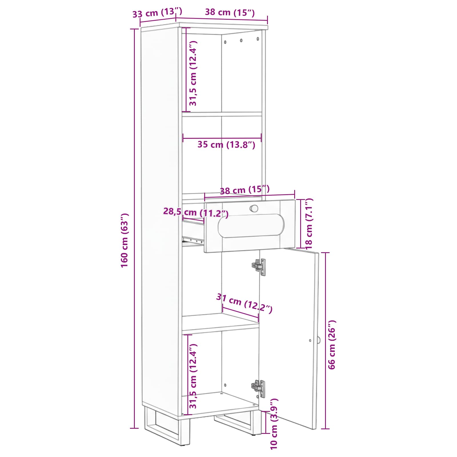 Mueble de Cuarto de Baño con estante Marrón 38 x 33 x 160 cm