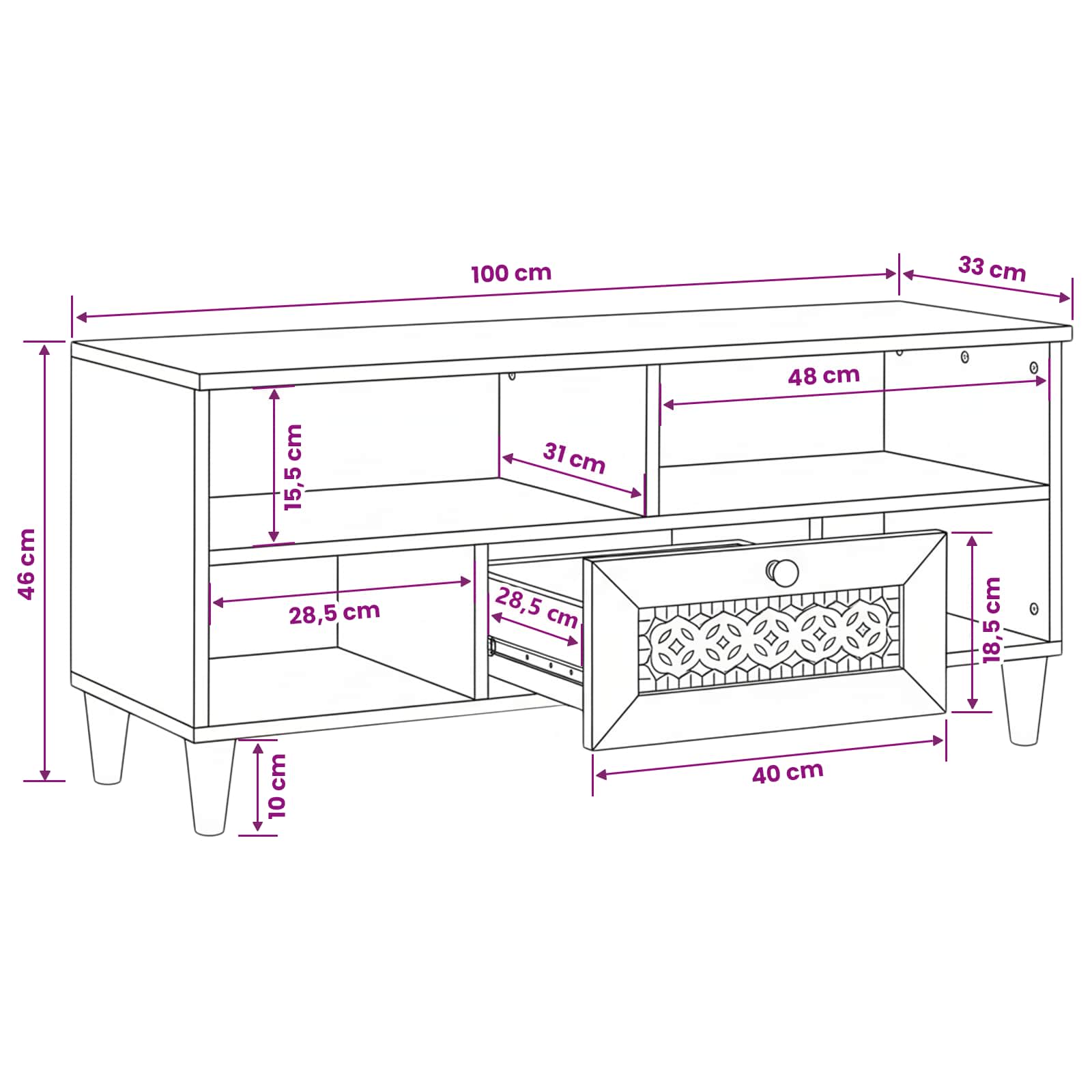 Mueble de TV con cajón 100 x 33 x 46 cm Madera de mango maciza