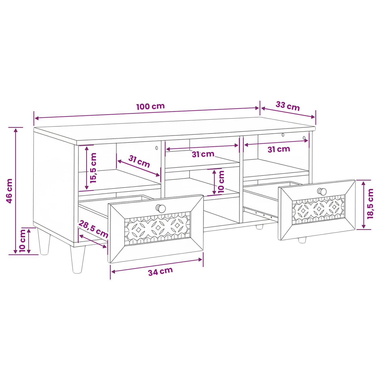 Mueble de TV con cajón 100 x 33 x 46 cm Madera de mango maciza