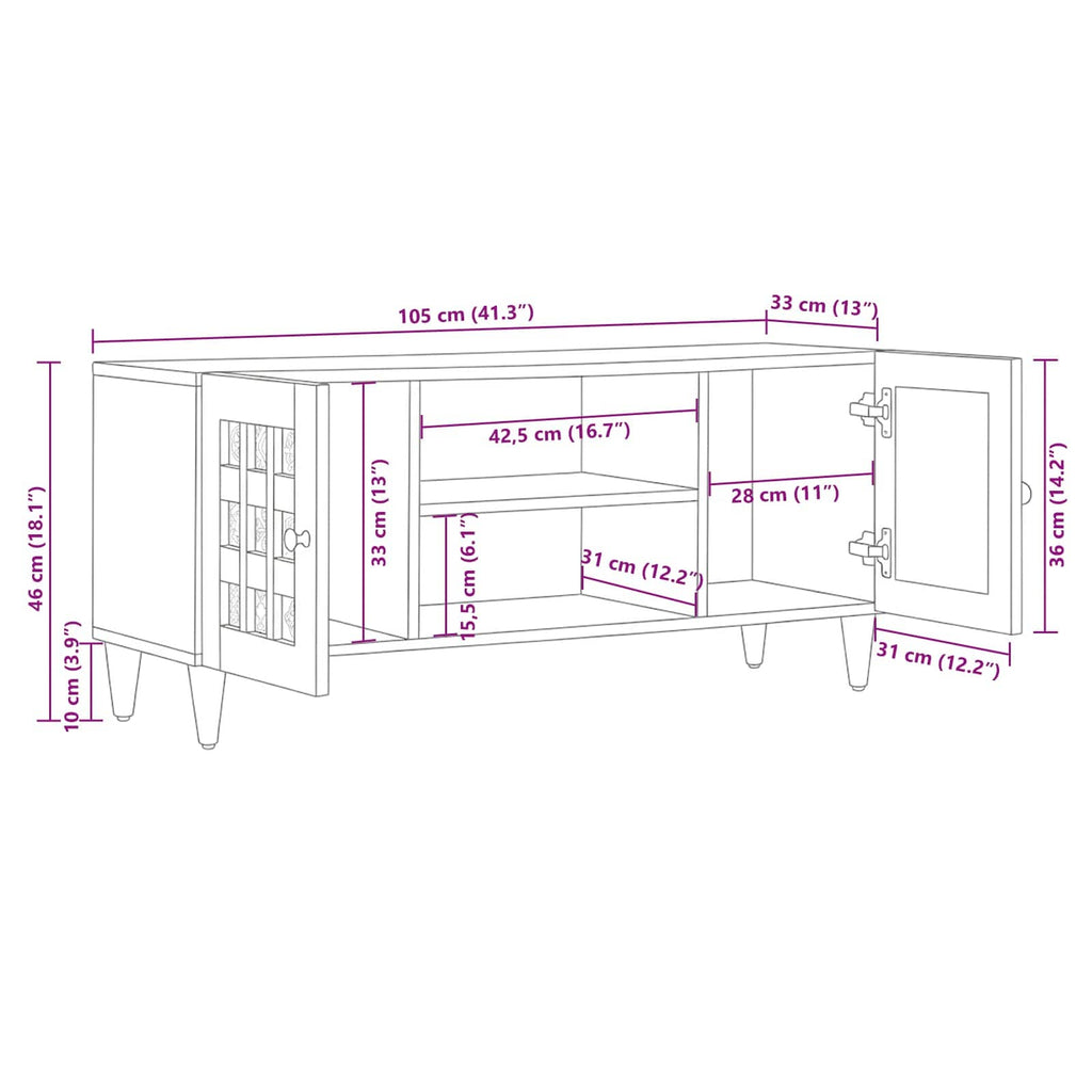 Mueble de TV Natural 105 x 33 x 46 cm Madera de mango maciza
