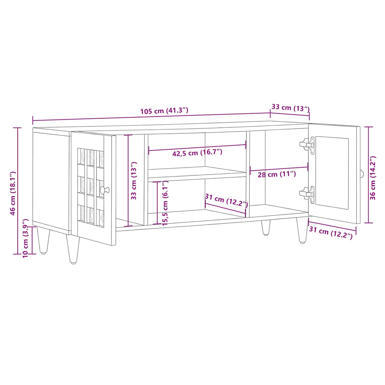 Mueble de TV Natural 105 x 33 x 46 cm Madera de mango maciza