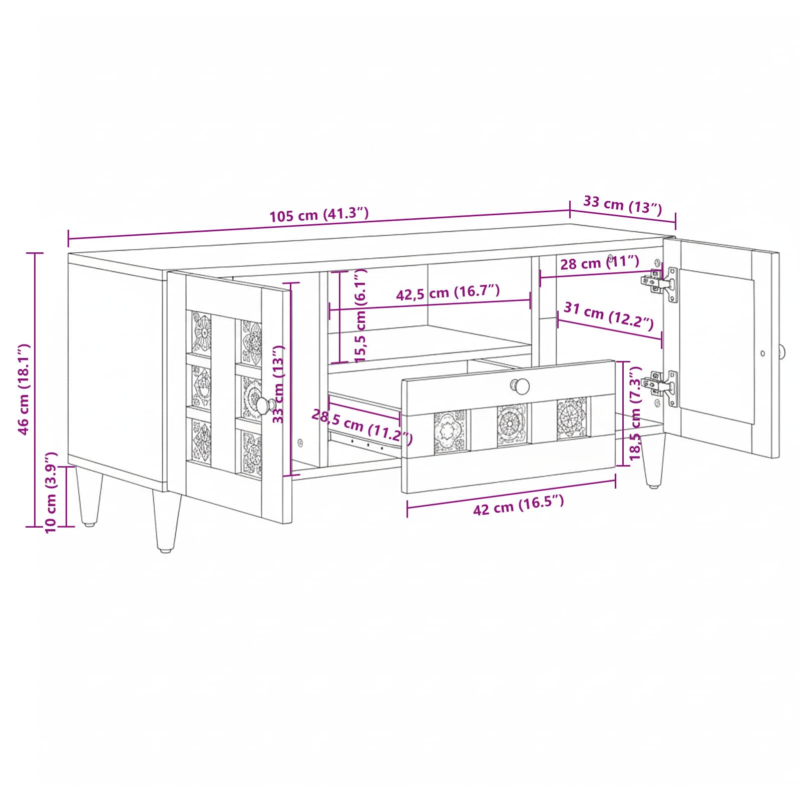 Mueble de TV Natural 105 x 33,5 x 46 cm Madera de mango maciza