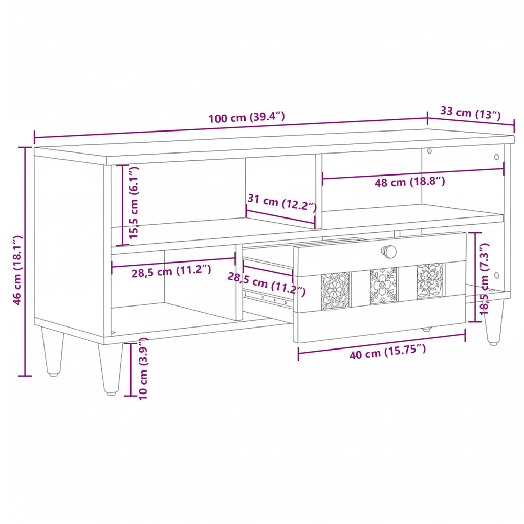 Mueble de TV Natural 100 x 33 x 46 cm Madera de mango maciza