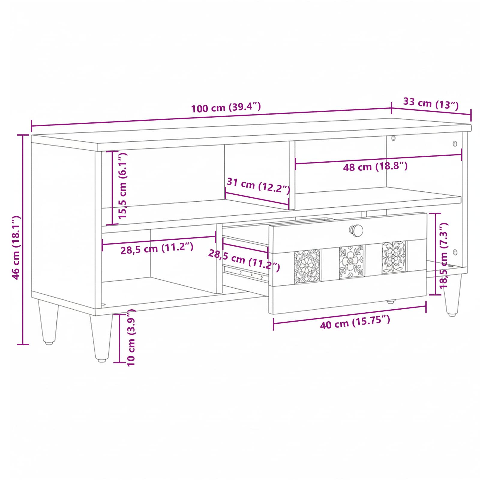 Mueble de TV Natural 100 x 33 x 46 cm Madera de mango maciza