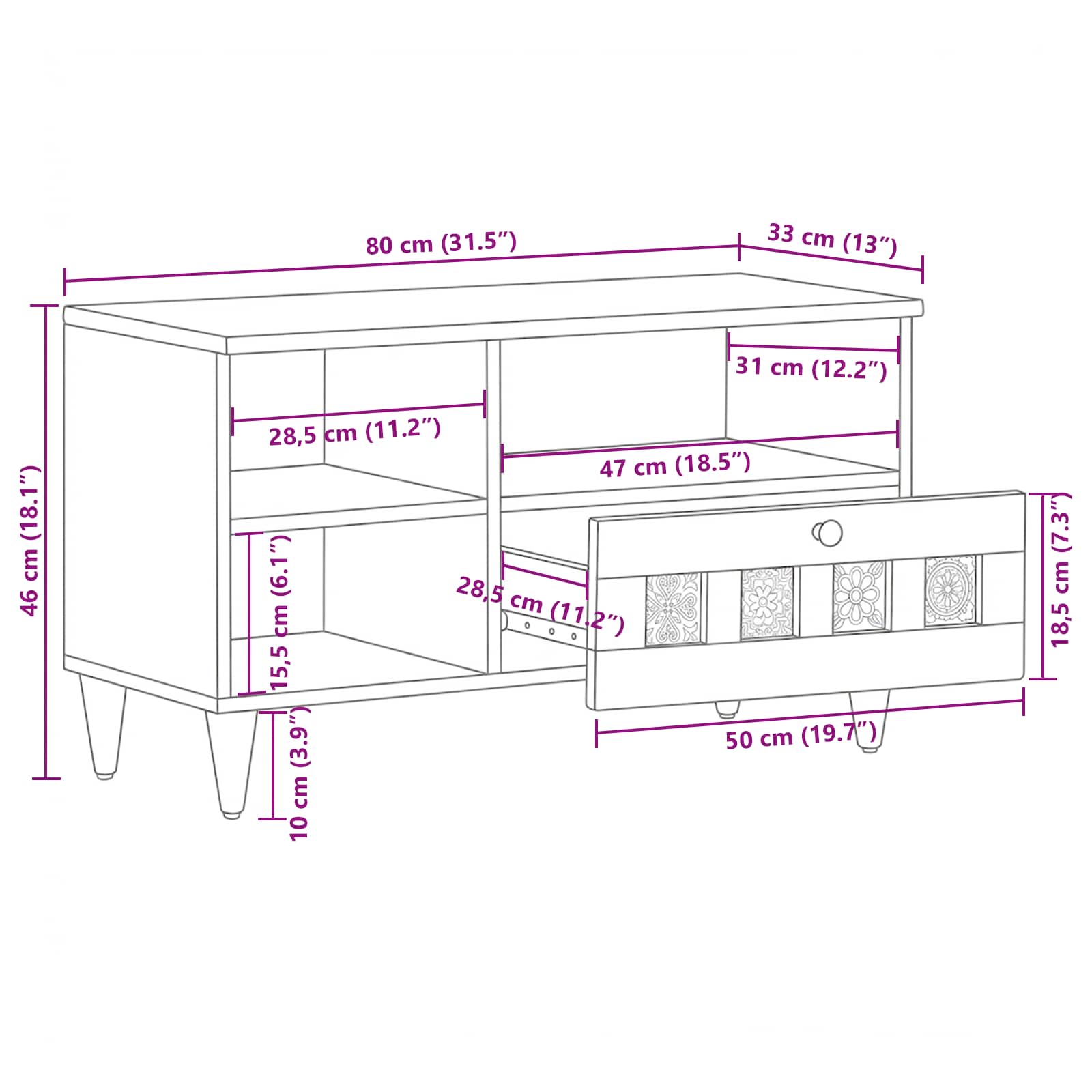 Mueble de TV Natural 80 x 33 x 46 cm Madera de mango maciza