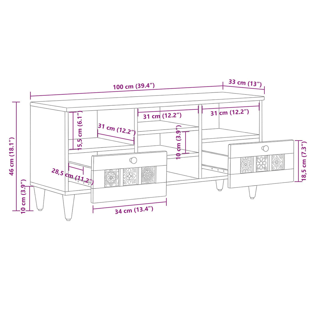 Mueble de TV Natural 100 x 33 x 46 cm Madera de mango maciza