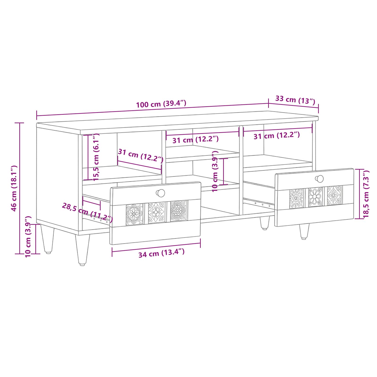 Mueble de TV Natural 100 x 33 x 46 cm Madera de mango maciza