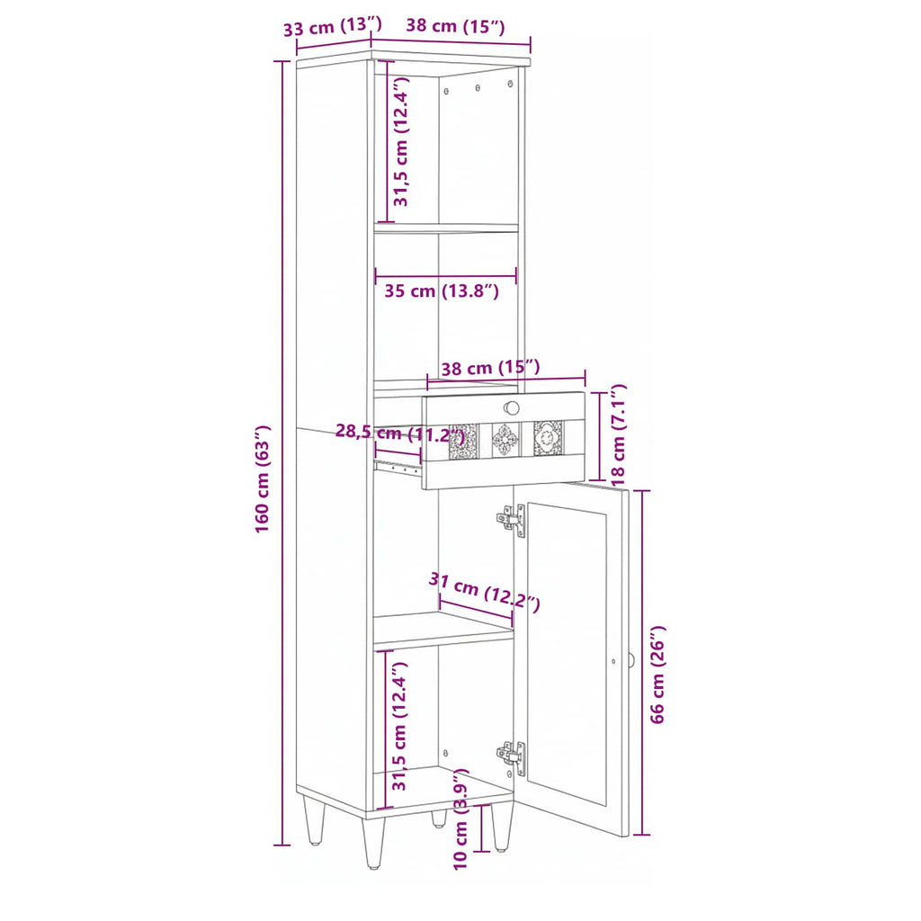 Mueble de Cuarto de Baño con cajón Natural 38 x 33 x 160 cm