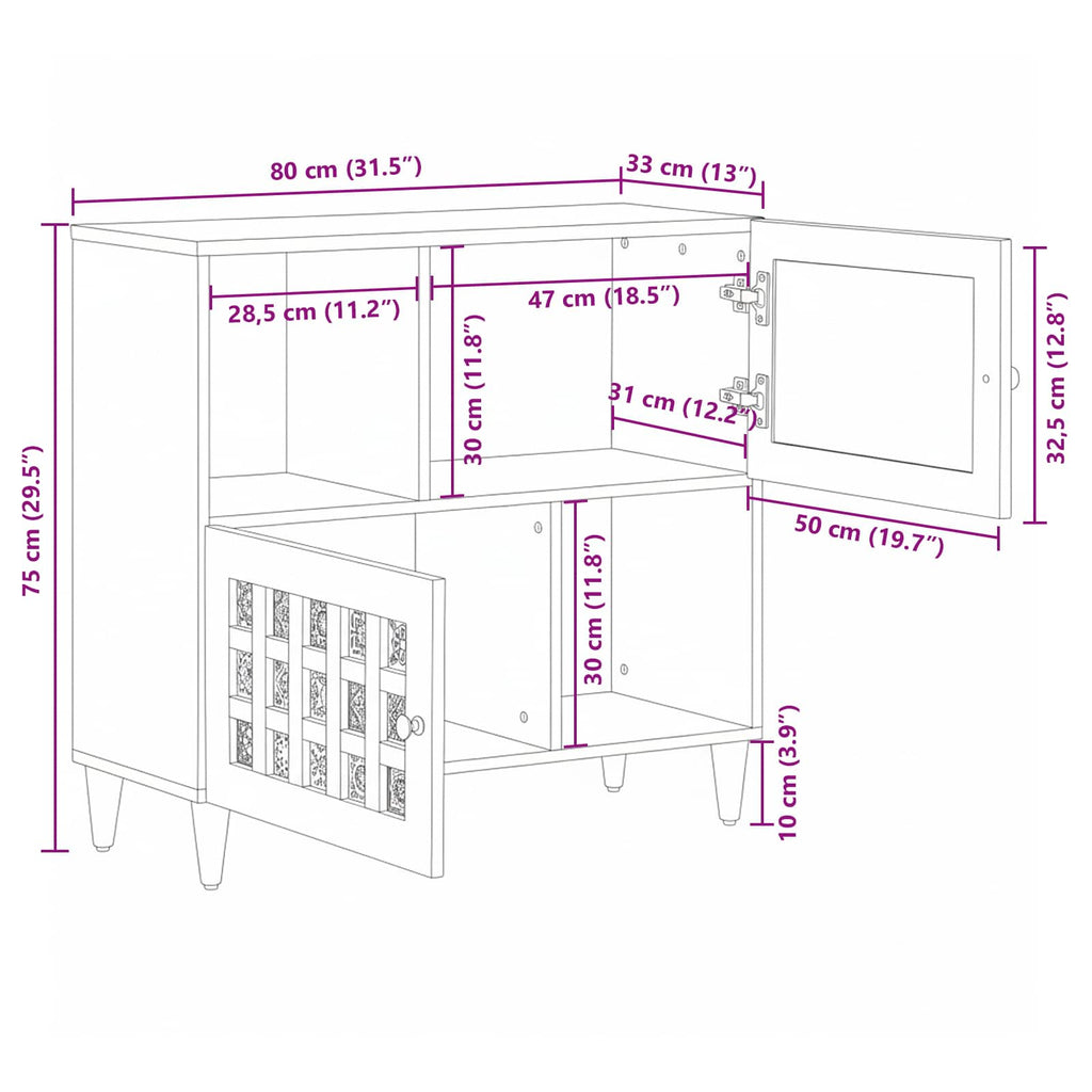 Aparador Natural 80 x 33 x 75 cm Madera de mango maciza