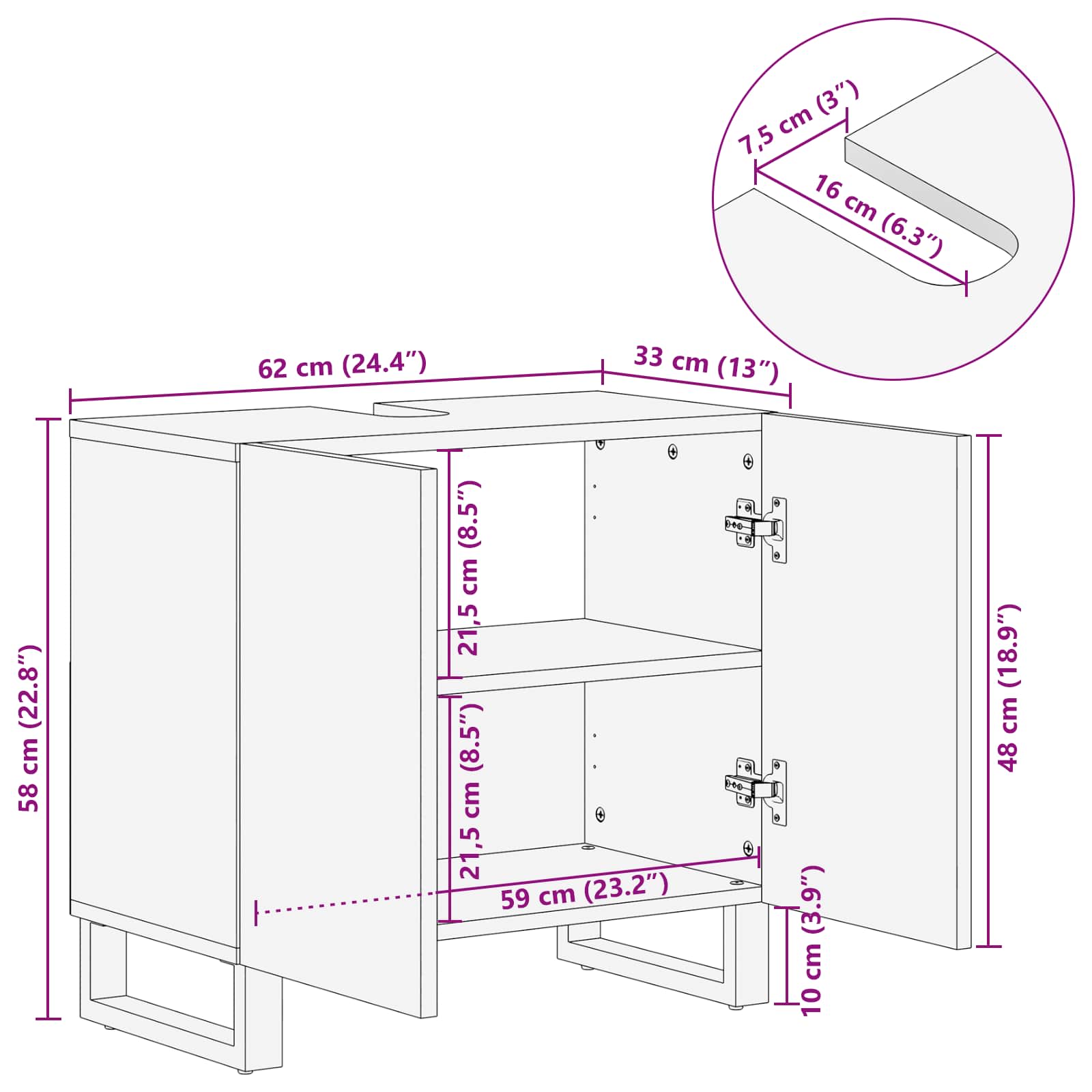 Mueble de lavabo para baño con puerta Natural 62 x 33 x 58 cm