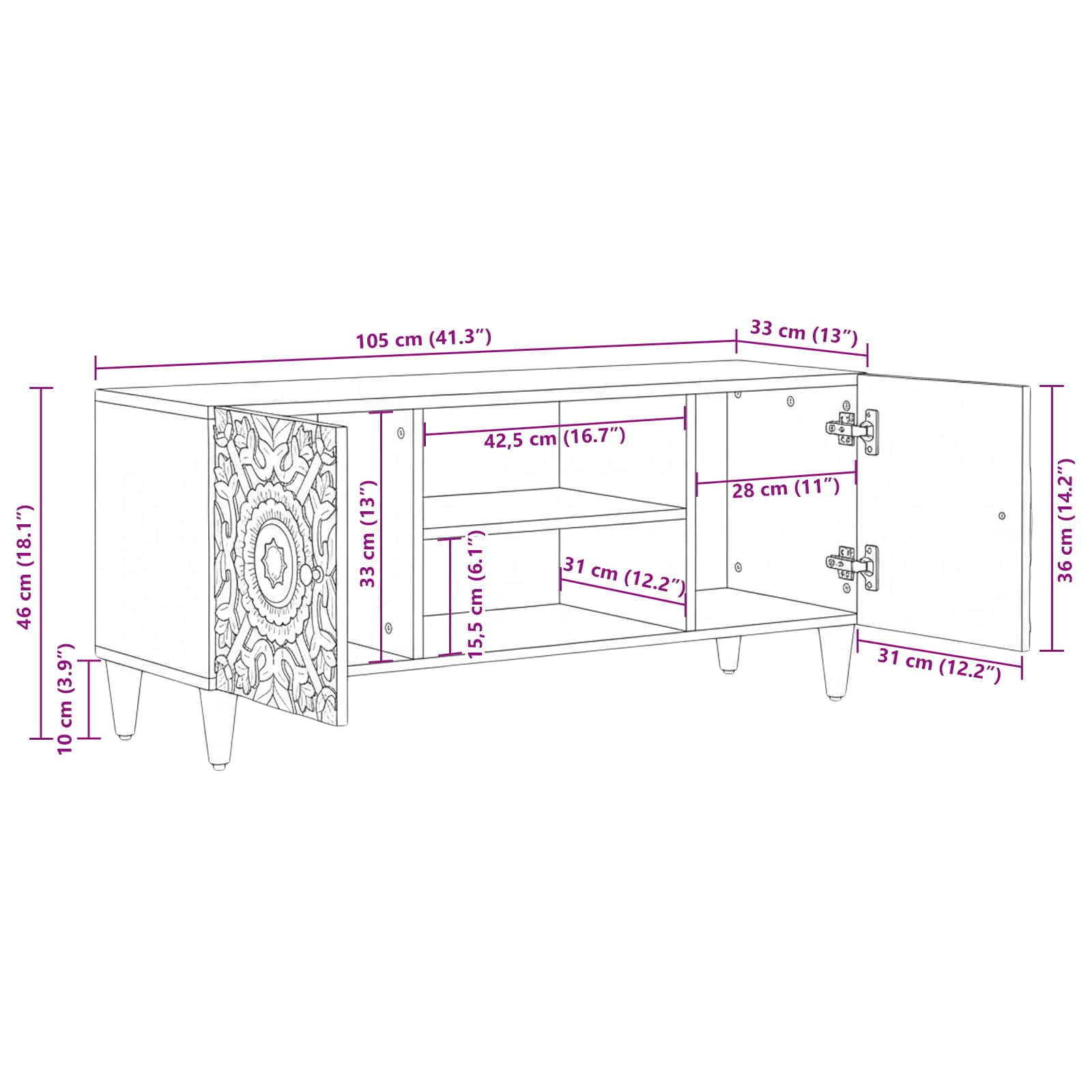 Mueble de TV Marrón 105 x 33,5 x 46 cm Madera de mango maciza