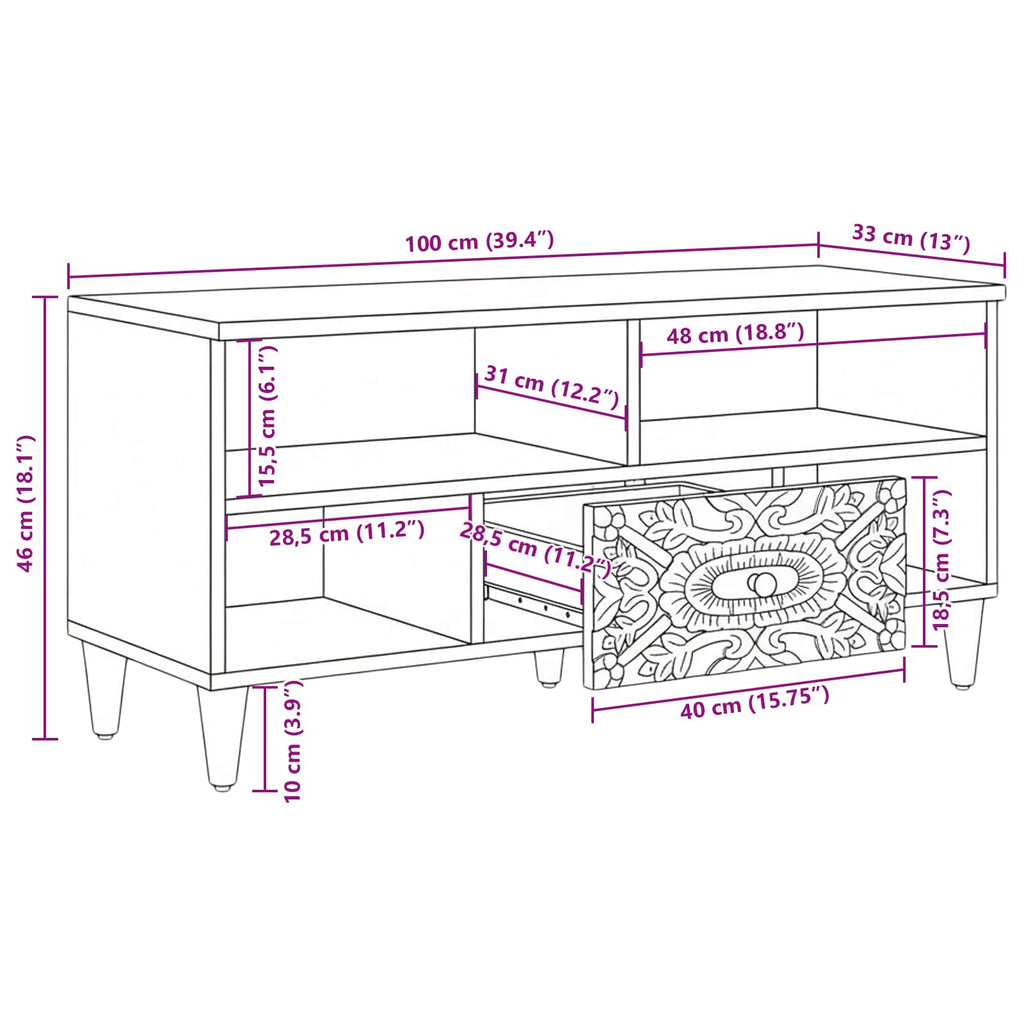 Mueble de TV Marrón 100 x 33,5 x 46 cm Madera de mango maciza