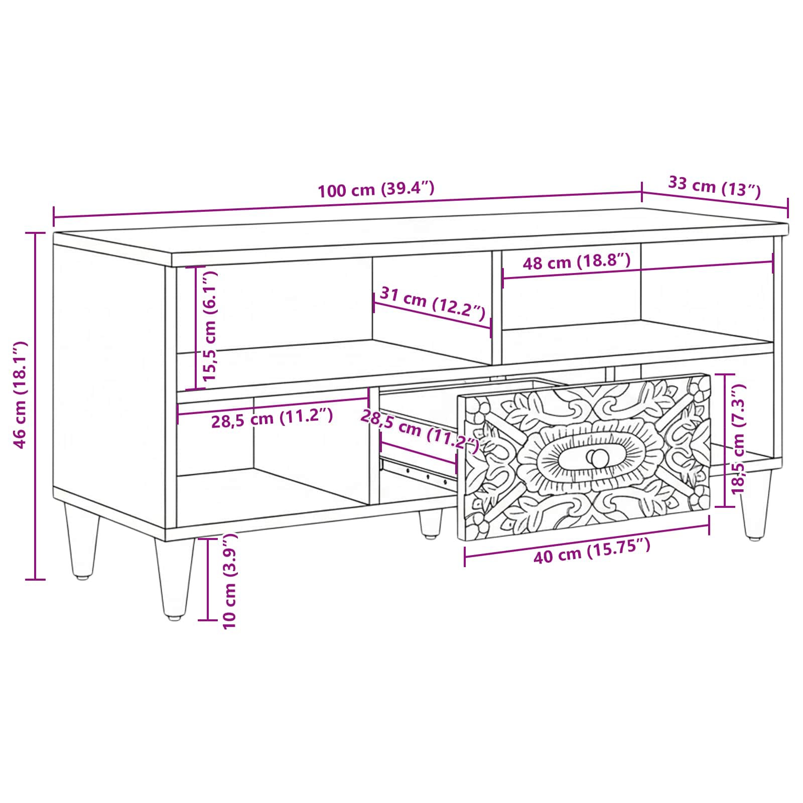 Mueble de TV Marrón 100 x 33,5 x 46 cm Madera de mango maciza