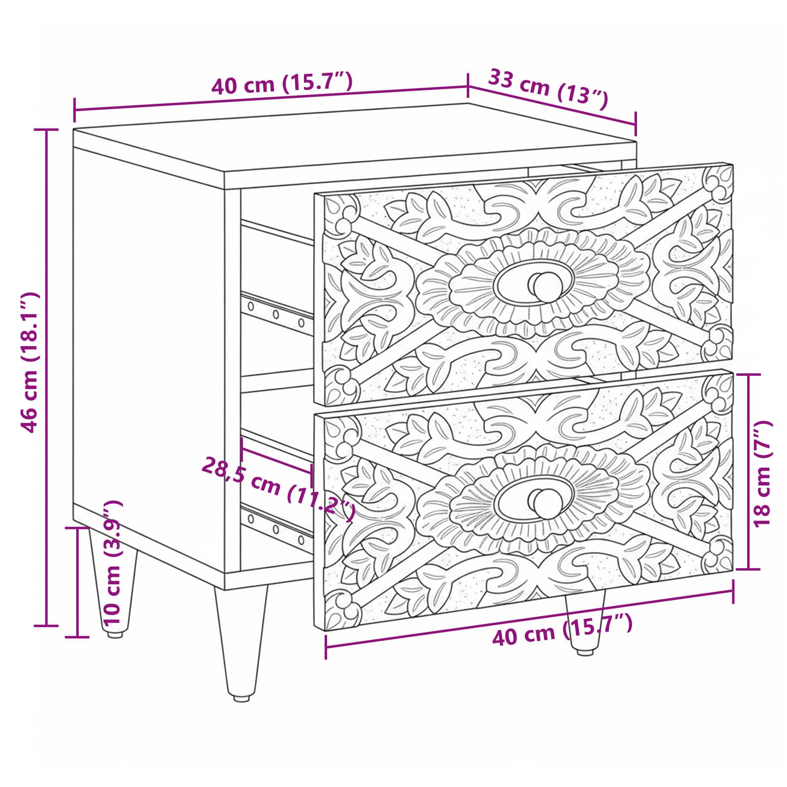Armario de Noche 2 pcs 40 x 33,5 x 46 cm Madera de mango maciza
