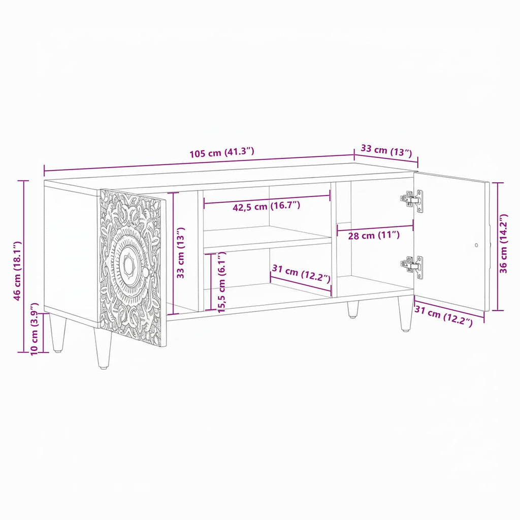 Mueble de TV 105 x 33,5 x 46 cm Madera de mango maciza