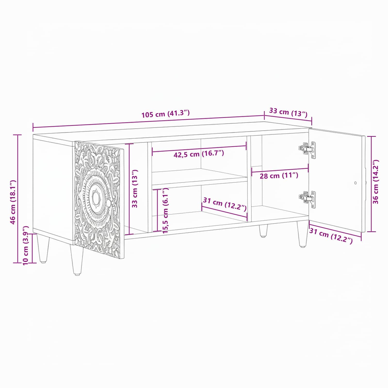 Mueble de TV 105 x 33,5 x 46 cm Madera de mango maciza