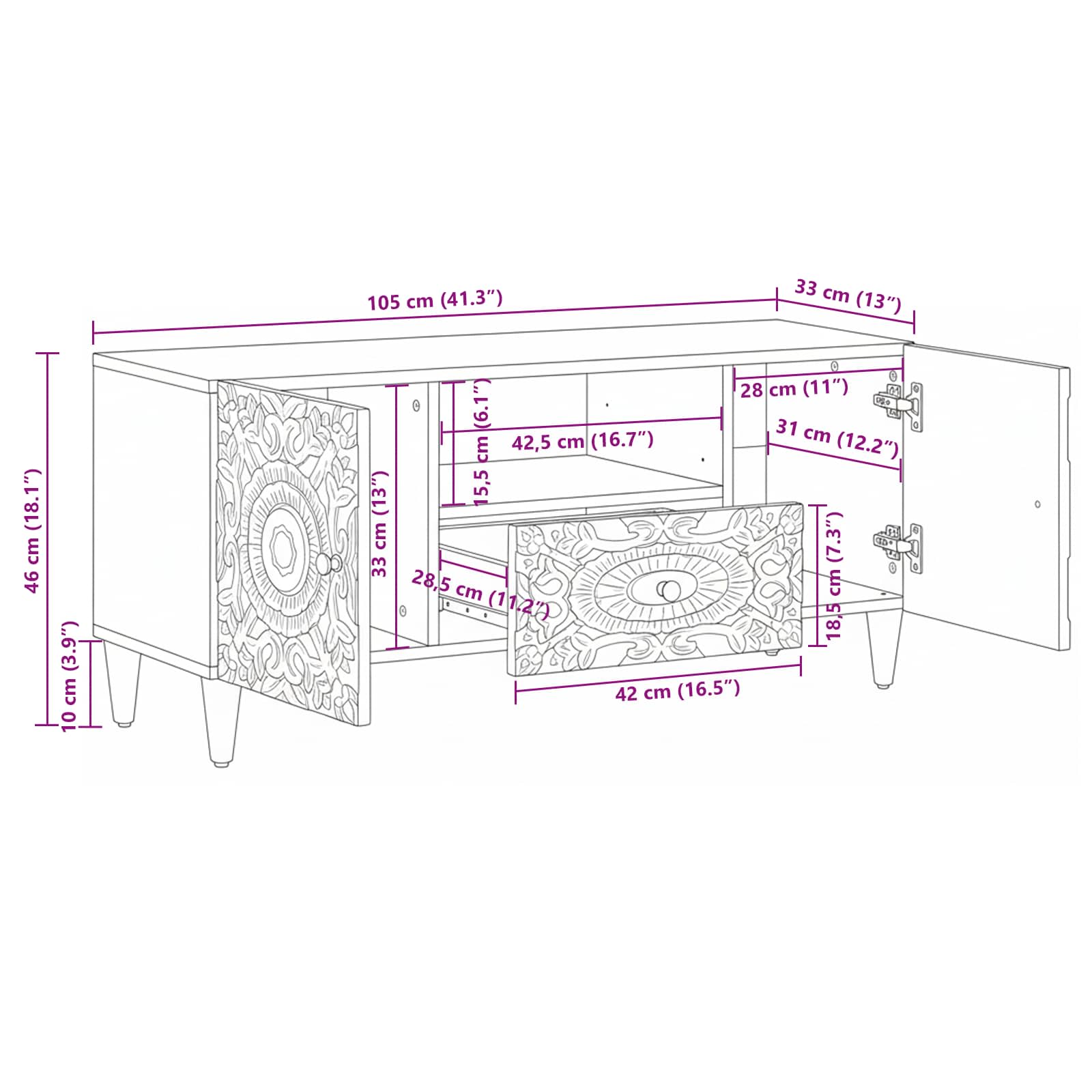 Mueble de TV 105 x 33,5 x 46 cm Madera de mango maciza
