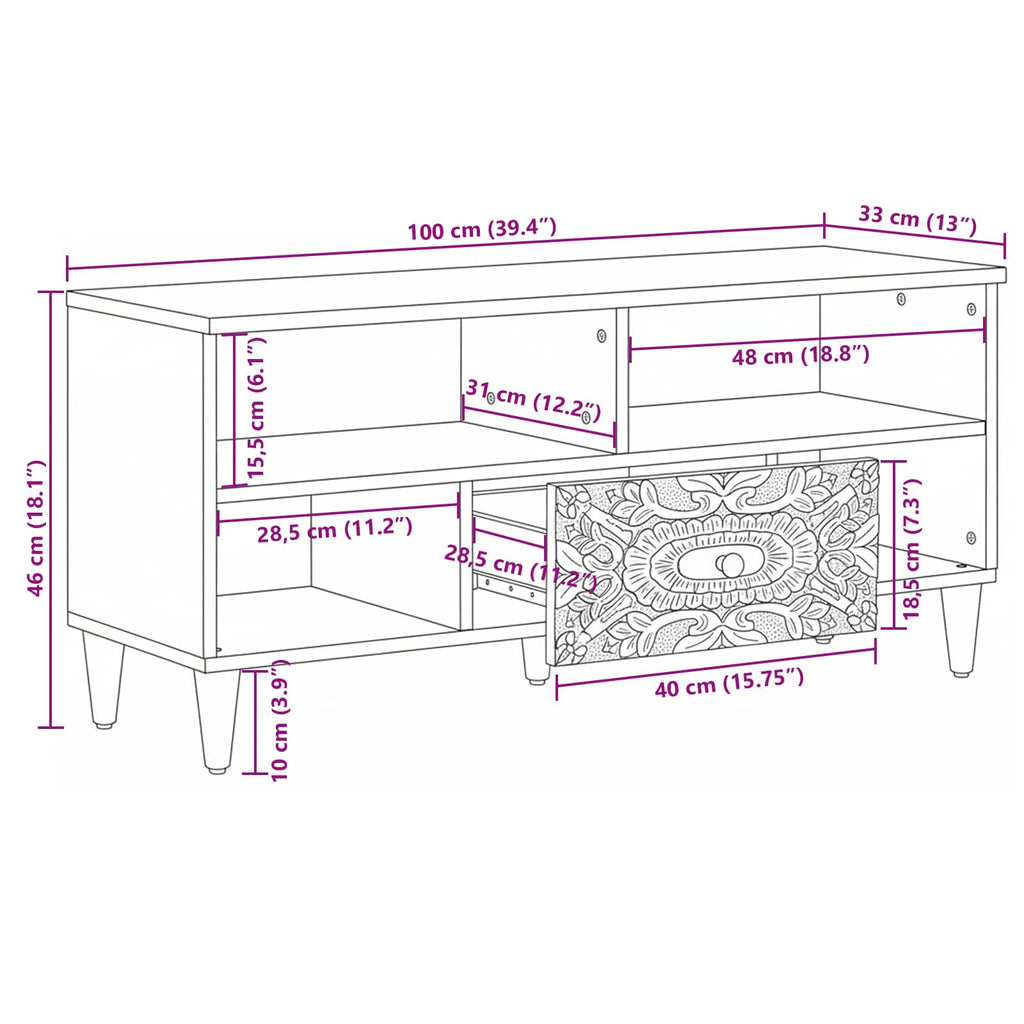 Mueble de TV 100 x 33,5 x 46 cm Madera de mango maciza