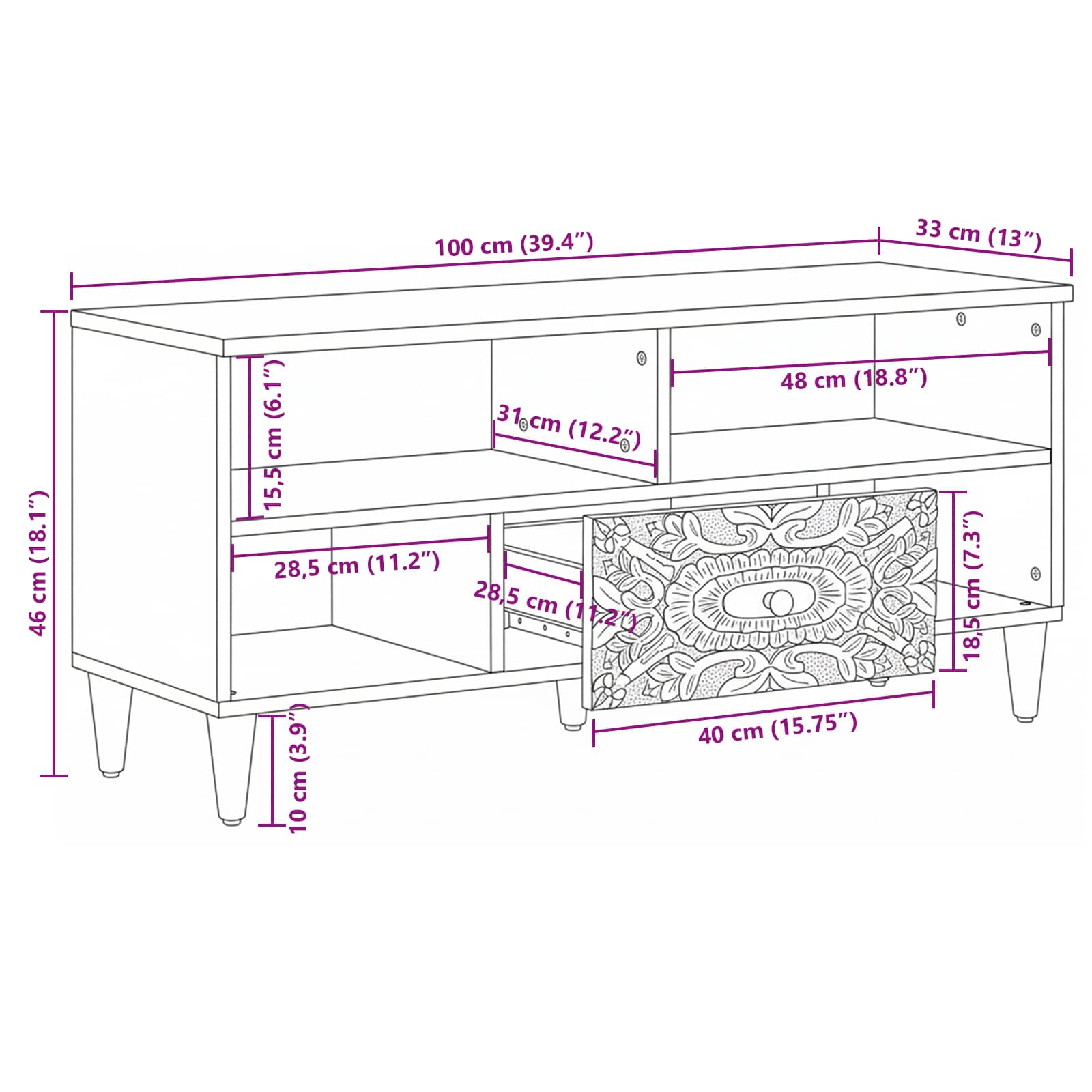 Mueble de TV 100 x 33,5 x 46 cm Madera de mango maciza
