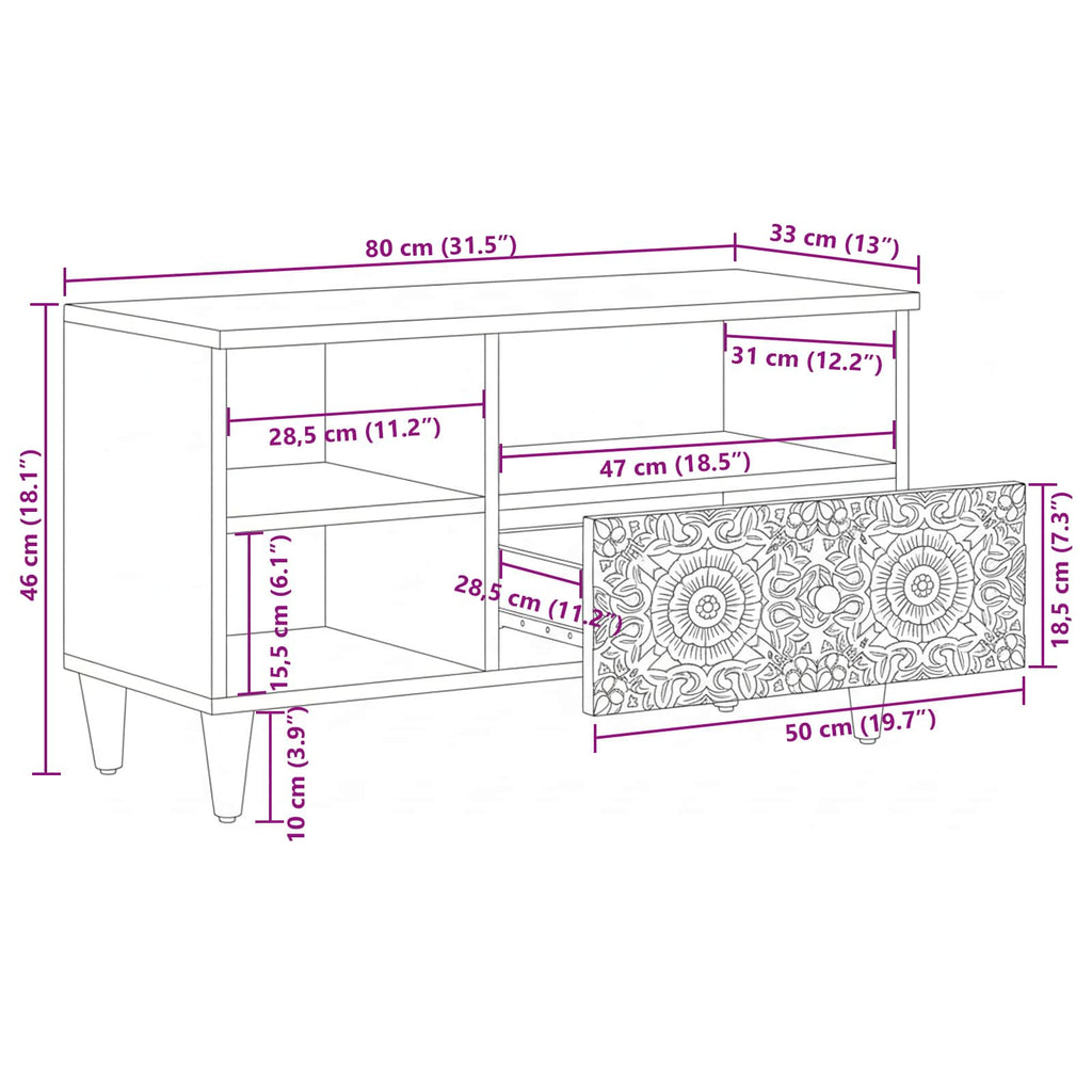 Mueble de TV con cajón 80 x 33,5 x 46 cm Madera de mango maciza