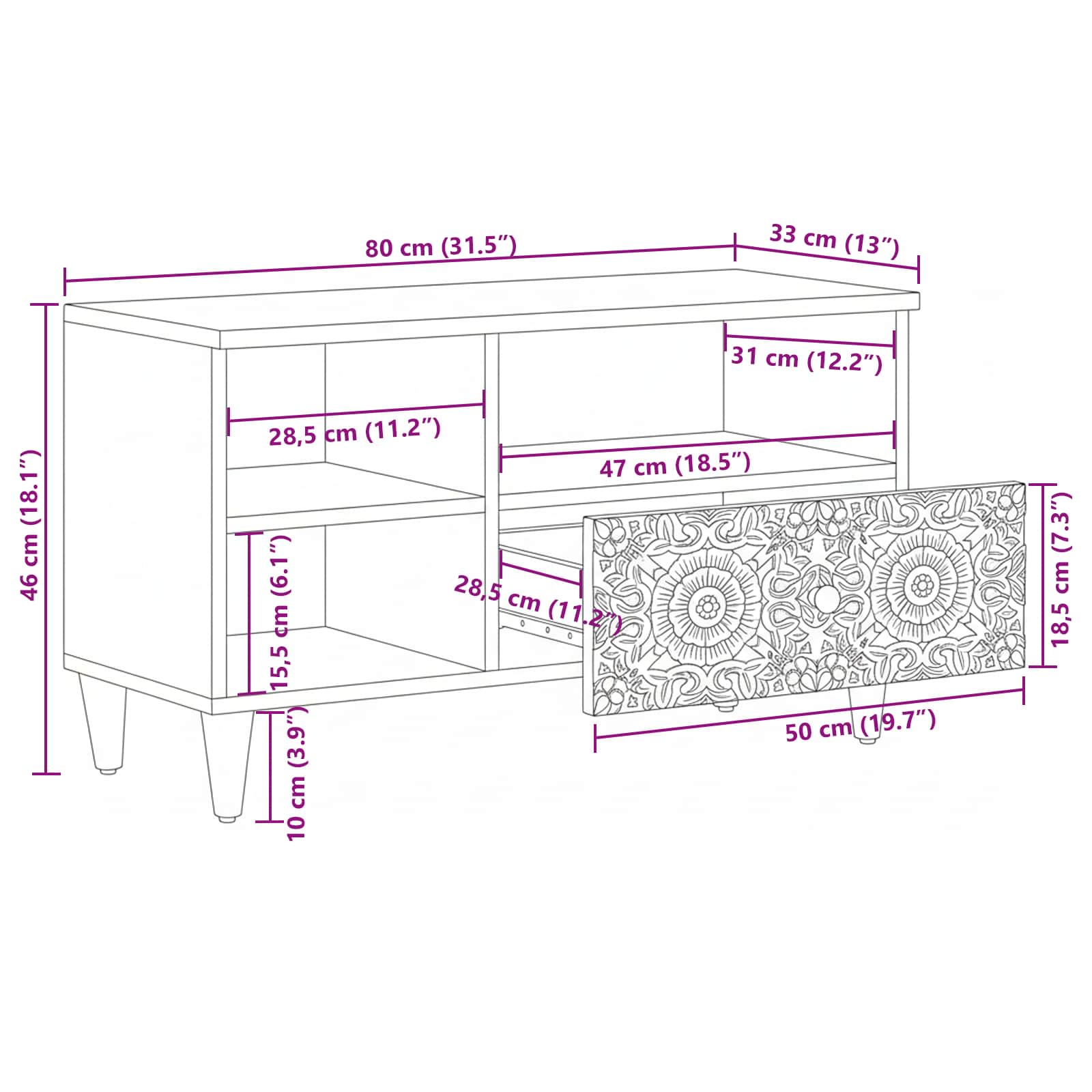 Mueble de TV con cajón 80 x 33,5 x 46 cm Madera de mango maciza
