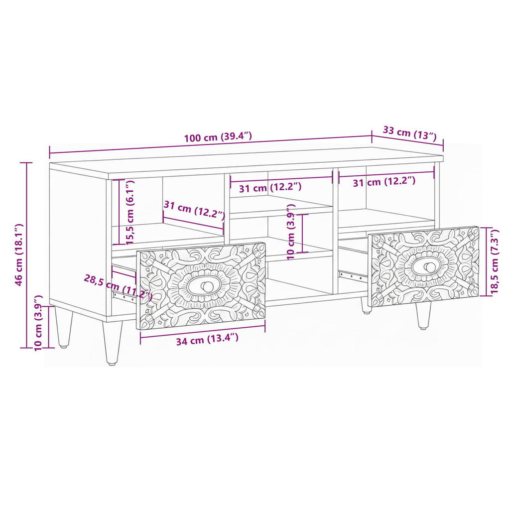 Mueble de TV 100 x 33,5 x 46 cm Madera de mango maciza