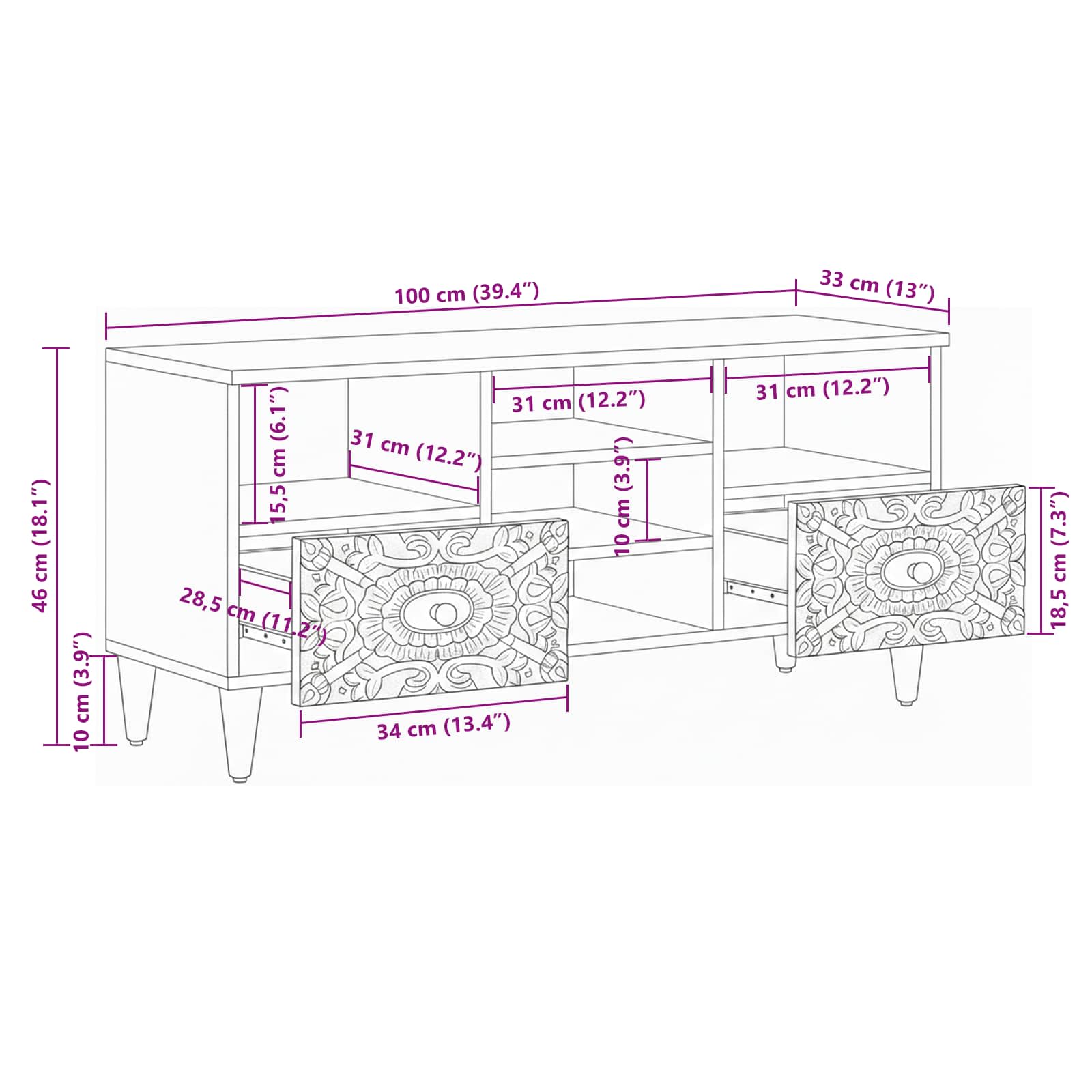 Mueble de TV 100 x 33,5 x 46 cm Madera de mango maciza