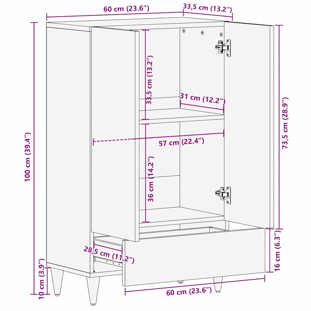 Mueble Alto Marrón 60 x 33,5 x 100 cm Madera de mango maciza