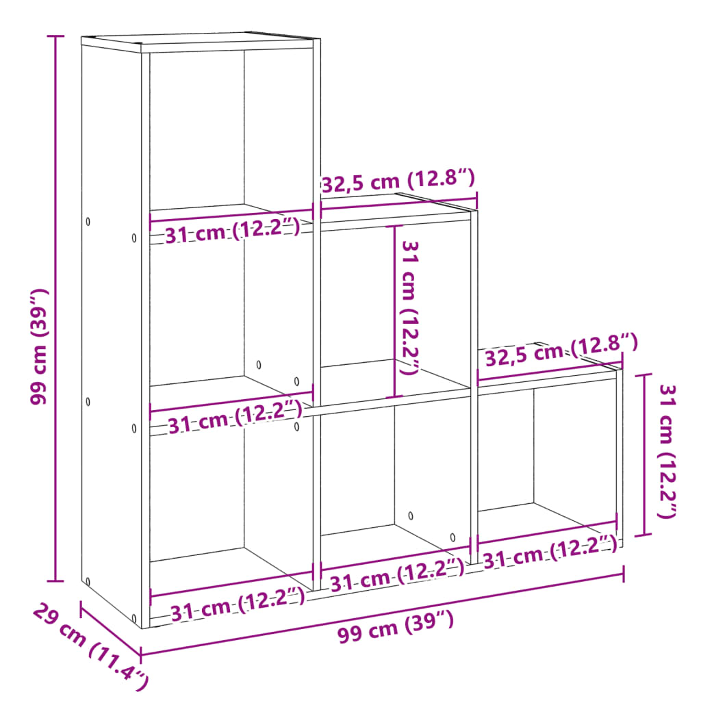 Librería biombo de 3 niveles, blanca, 99x29x99 cm, madera de ingeniería