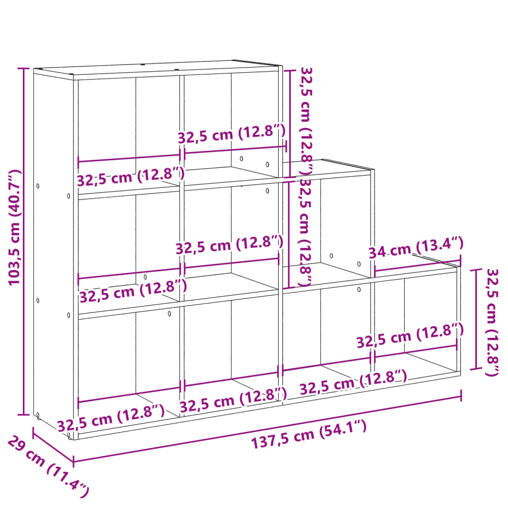 Librería divisora 3 niveles madera gris 137,5x29x103,5 cm