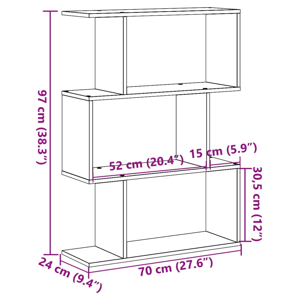 Librería divisora 3 niveles madera gris Sonoma 70x24x97 cm