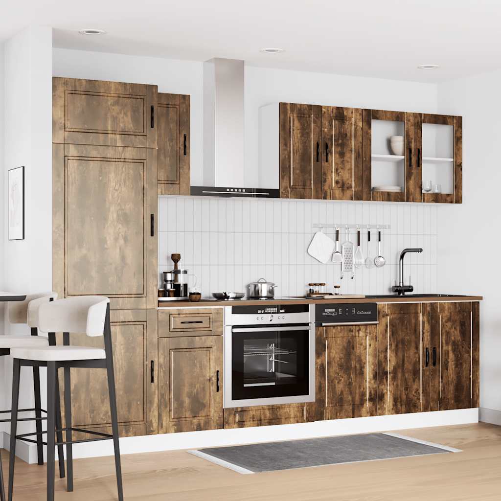 Conjunto de armarios de cocina "Porto" de 8 piezas de madera de ingeniería de roble ahumado