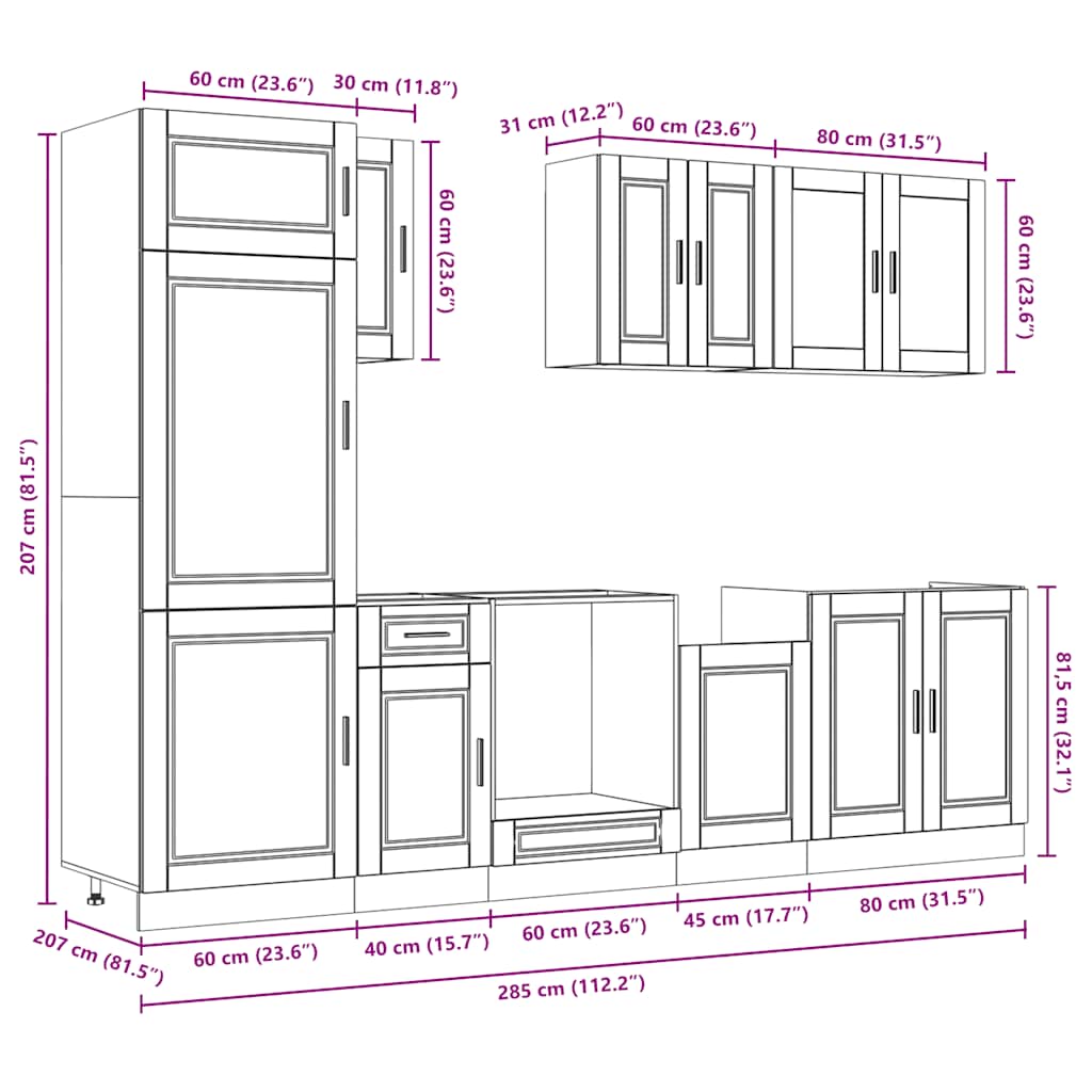 Conjunto de armarios de cocina "Porto" de 8 piezas de madera de ingeniería de roble ahumado