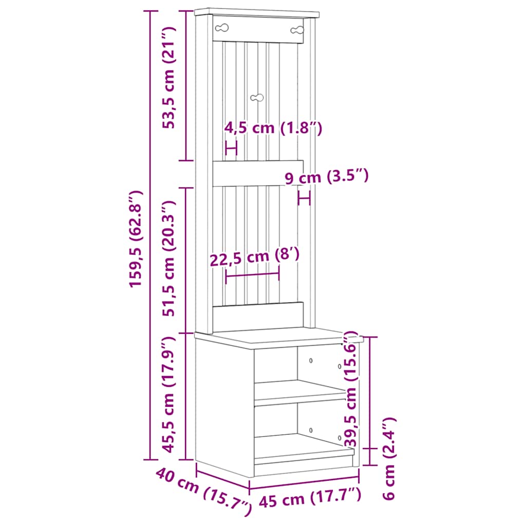 Perchero de entrada SANDNES 45x40x159,5cm madera maciza de pino