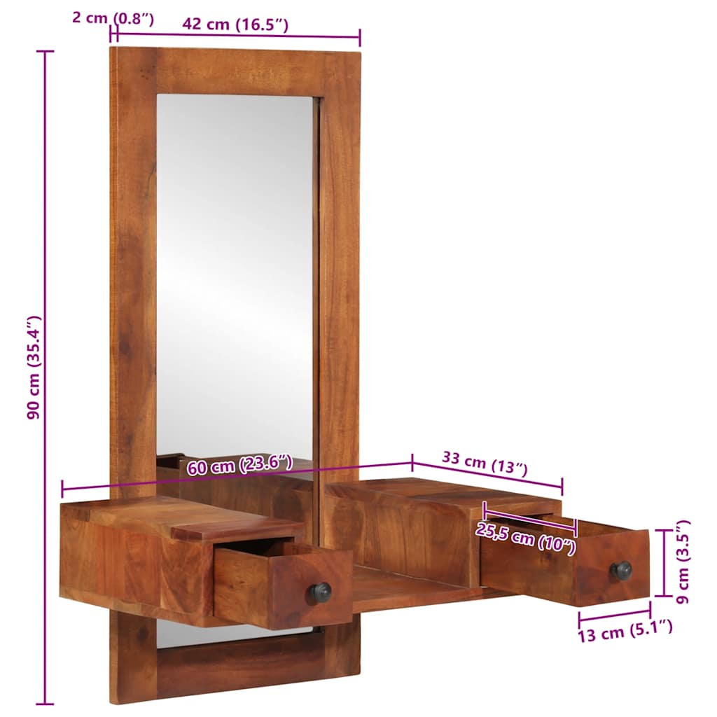 Espejo de pared con cajones madera maciza de acacia 60x33x90 cm