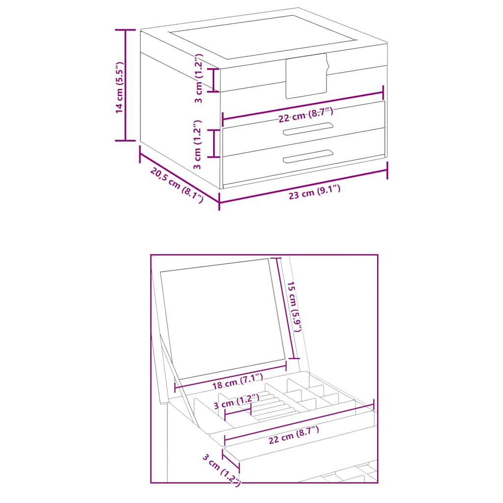 Caja para joyas de 3 niveles blanca 23x20,5x14 cm