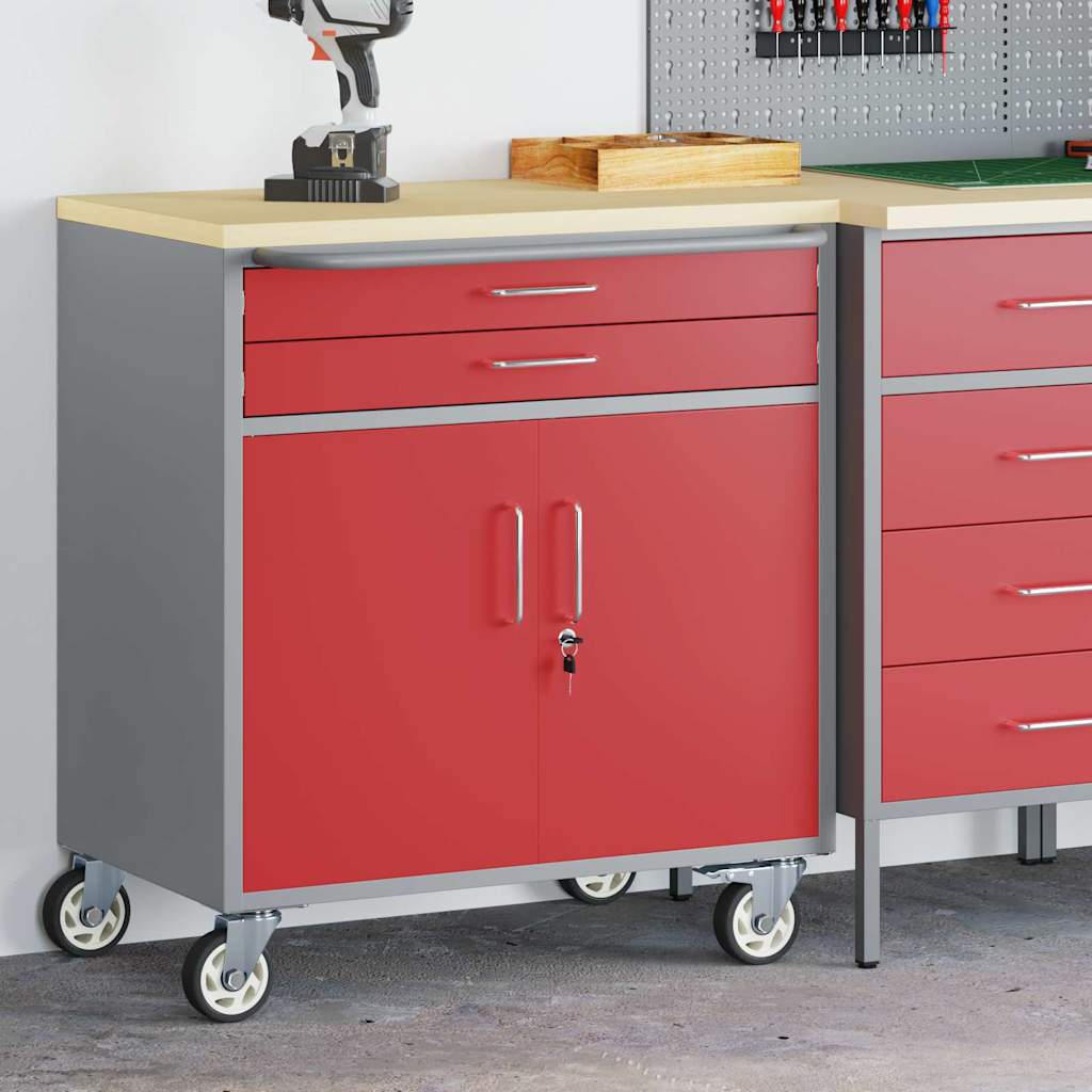 Banco de Taller con cajón con rueda Rojo y Gris 75 x 45 x 85 cm