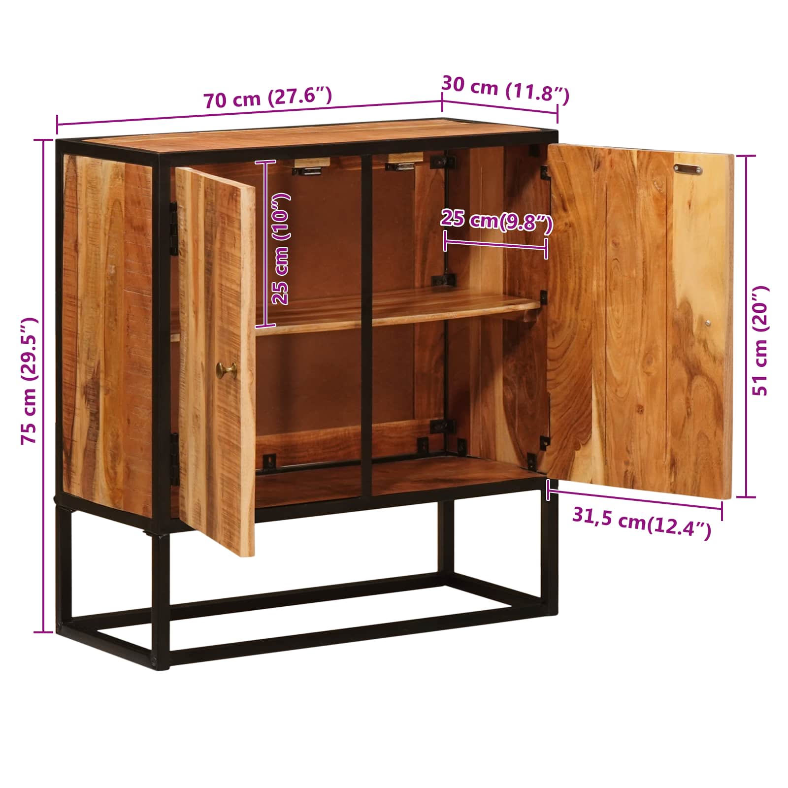 Aparador Beta Natural 70 x 30 x 75 cm Madera de Acacia Sólida