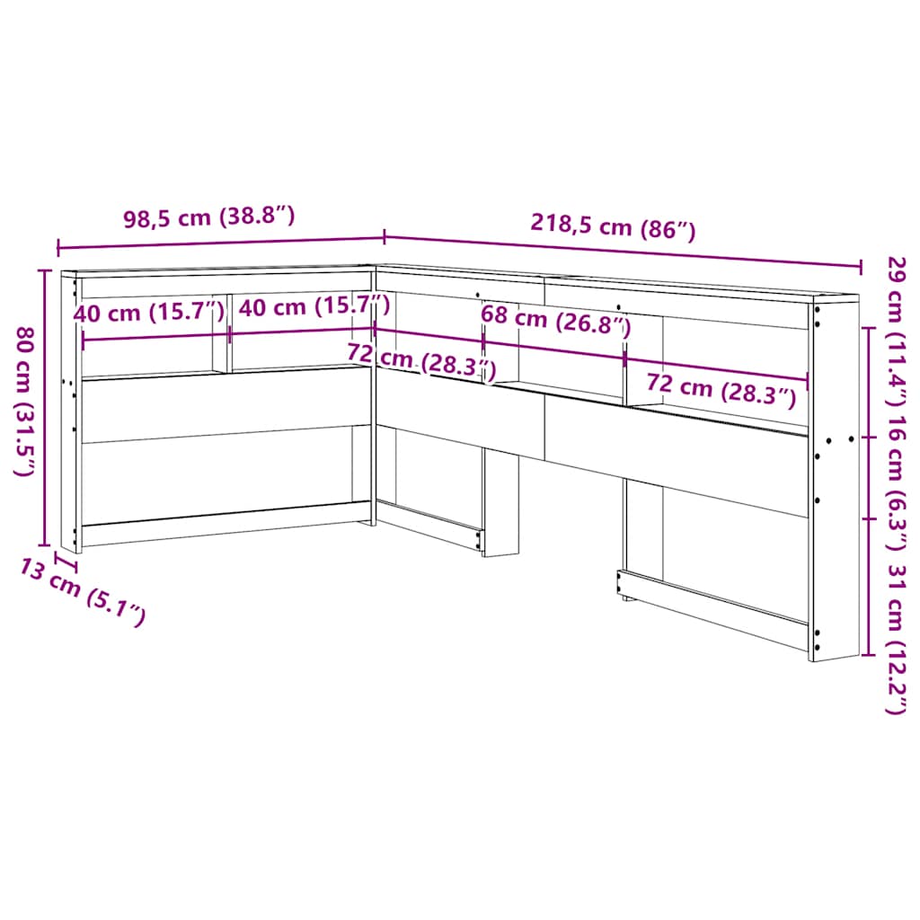 Cabecero cama estantería forma L marrón encerado 80 cm