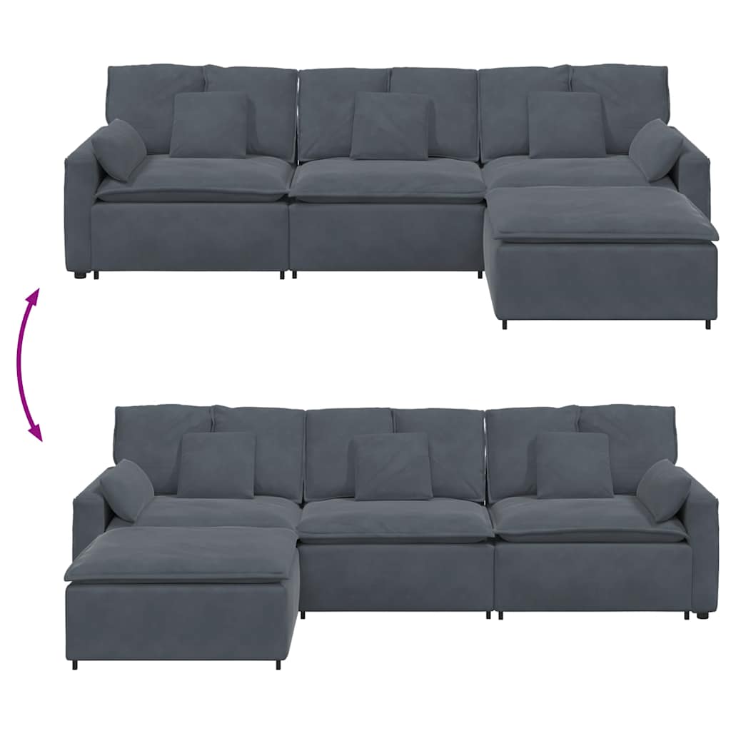 Sofá modular con reposapiés y cojines gris oscuro