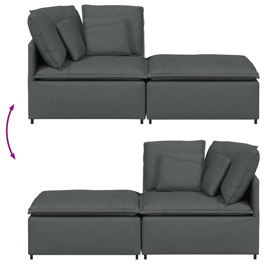Sofá modular con reposapiés y cojines de tela gris oscuro